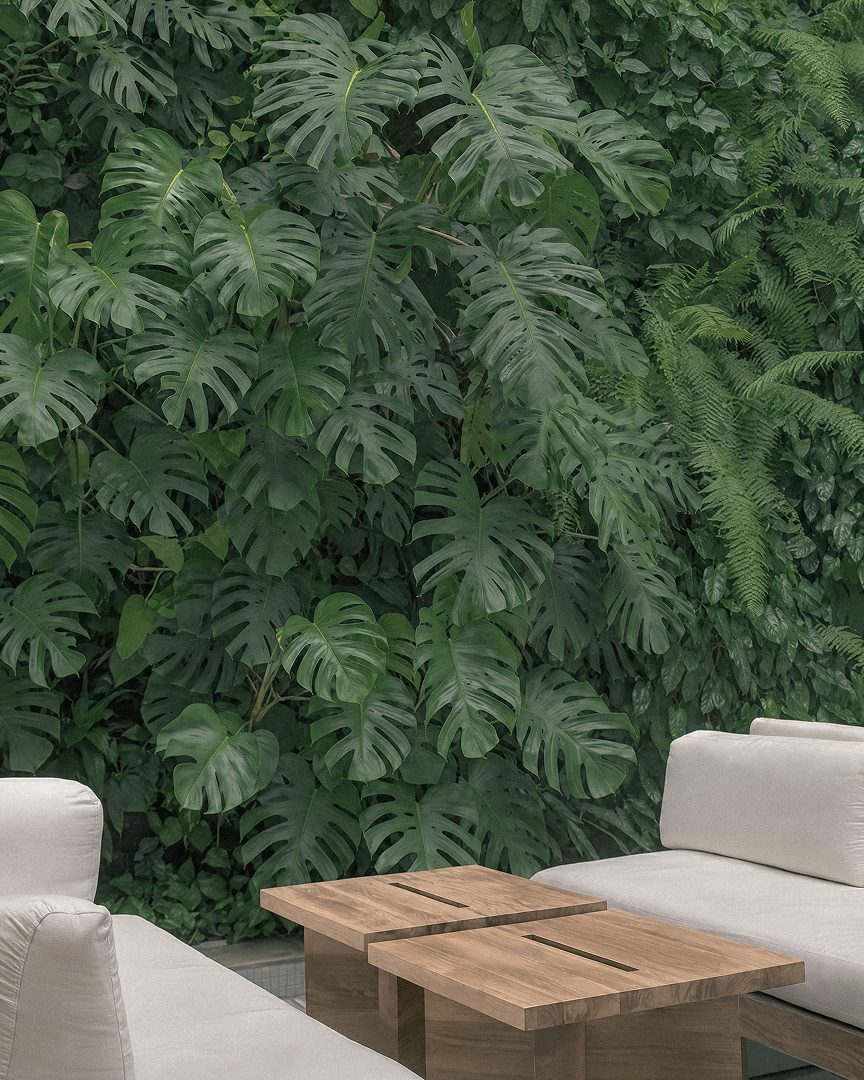 A garden table among layered planting