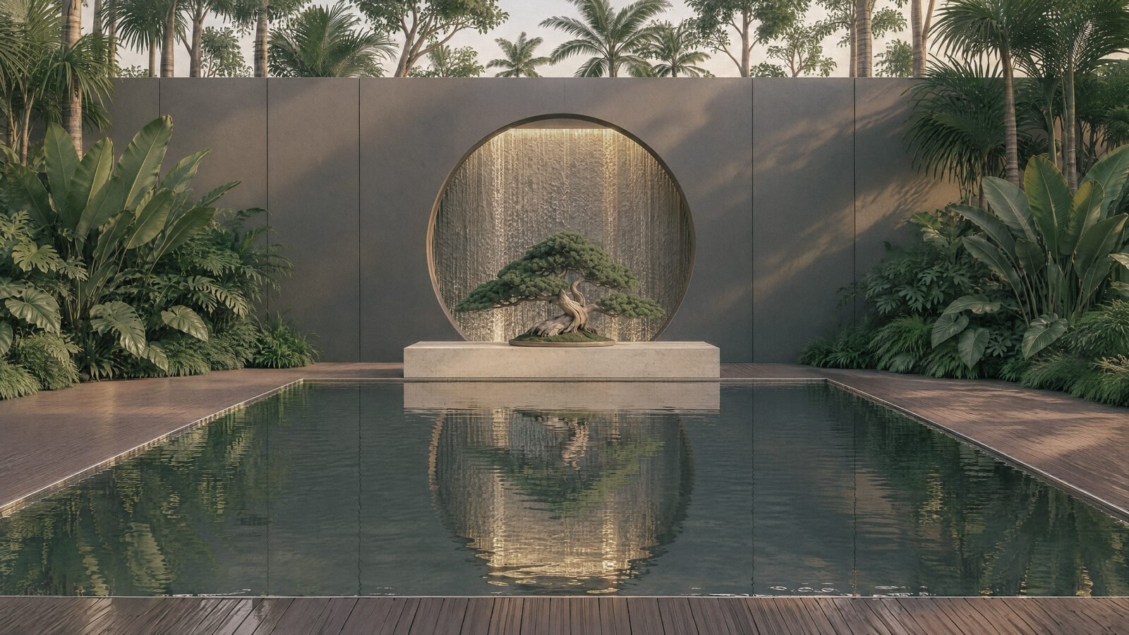 A reflecting pool and bonsai in a lush courtyard garden, with a softly lit water feature behind it