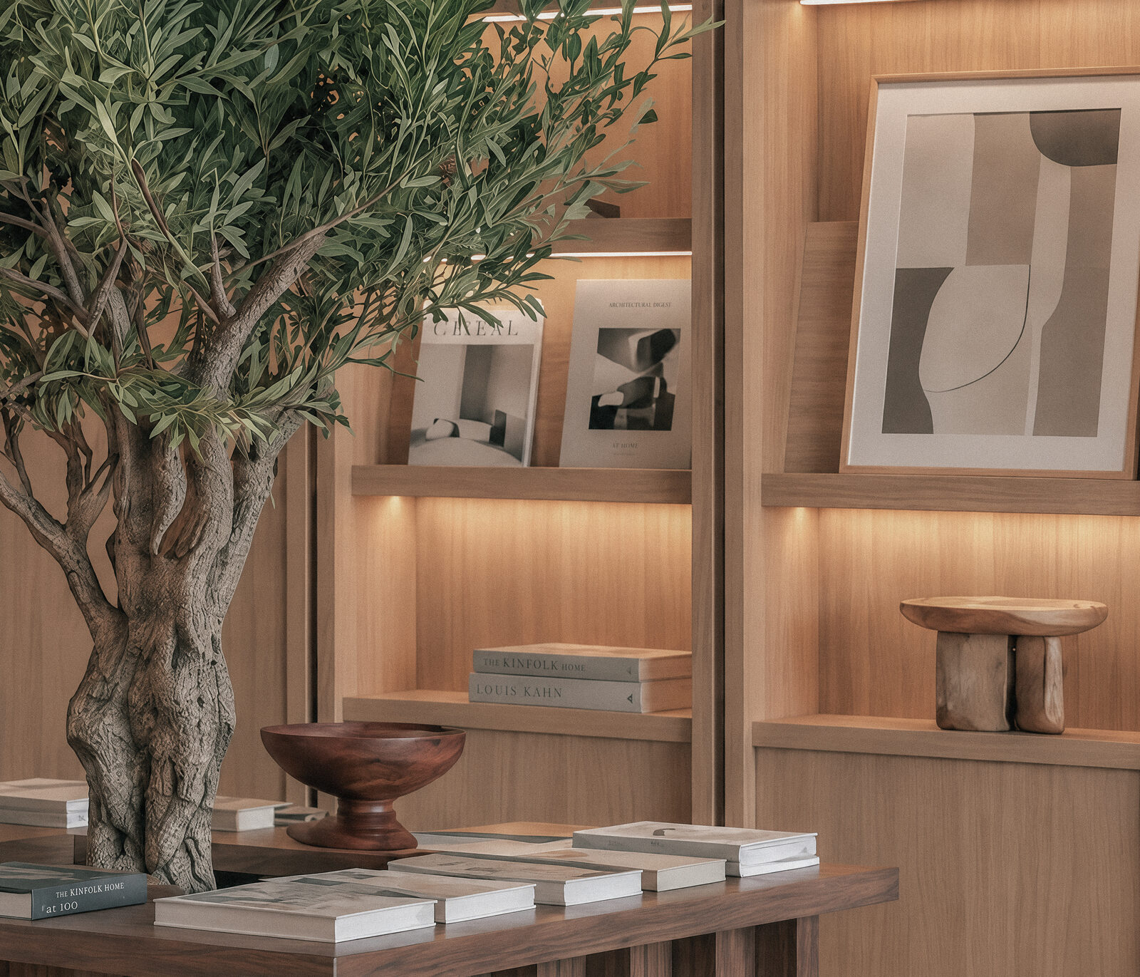 A timber library display with an olive tree, design books and illuminated shelves
